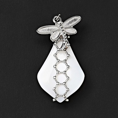 Natural White Shell Pendants, Teardrop Charm, with Stainless Steel Color Plated 304 Stainless Steel Dragonfly Findings and Jump Ring
