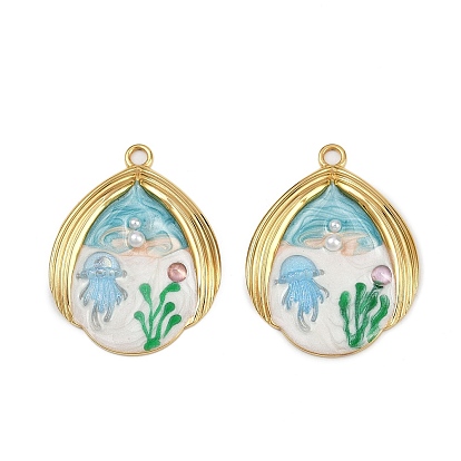 304 нержавеющей стальной эмали подвески, с пластмассовой жемчужиной abs, ионное покрытие (ip), слезинки, Тема океана, медуза, реальный 18 k позолоченный