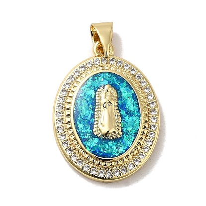 Rack Plating Brass Micro Pave Cubic Zirconia with Synthetic Opal Pendants, with Jump Ring, Lead Free & Cadmium Free, Long-Lasting Plated, Oval with Saint