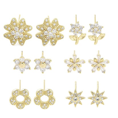 Женские серьги-гвоздики из латуни с микропаве и прозрачным кубическим цирконием, цветок