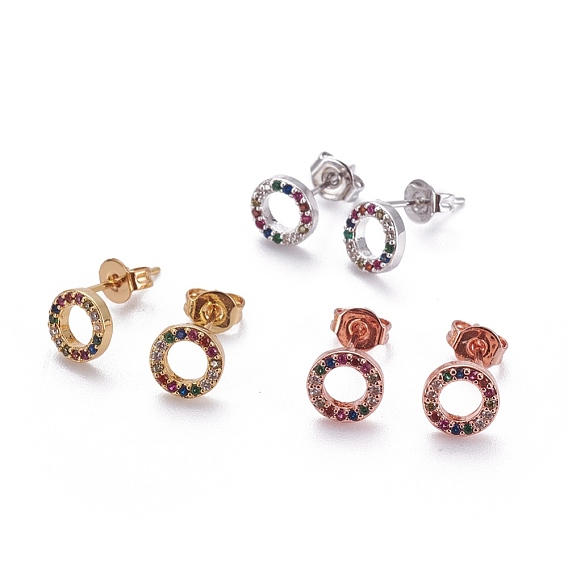 Brass Micro Pave Cubic Zirconia Stud Earrings, with Brass Ear Nuts, Ring