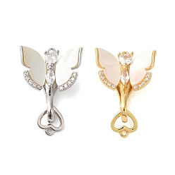 Brass Micro Pave Clear Cubic Zirconia Fold Over Clasps with Shell, Cadmium Free & Nickel Free & Lead Free, Butterfly