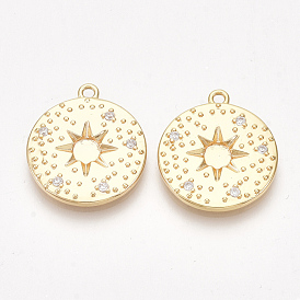 Brass Pendants, Nickel Free, Real 18K Gold Plated, with Cubic Zirconia, Flat Round with Star, Clear