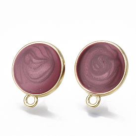 Alloy Enamel Stud Earring Findings, with Loop and Steel Pin, Flat Round, Light Gold