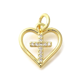 Brass Micro Pave Clear Cubic Zirconia Pendants, Heart with Cross Charms, with Jump Ring