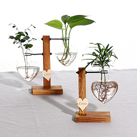 Wood Frame with Heart Glass Vase, Hydroponic Plants Planter, Home Display Decorations