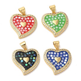 Brass Micro Pave Cubic Zirconia Pendants, with Enamel & Shell, Long-Lasting Plated, Lead Free & Cadmium Free, Real 18K Gold Plated, Heart