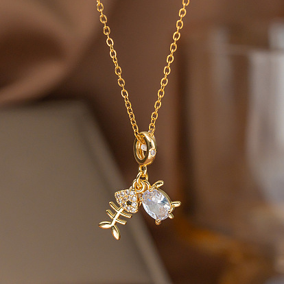 304 Stainless Steel Pave Clear Cubic Zirconia Fish Bone Shape Pendant Necklaces for Women