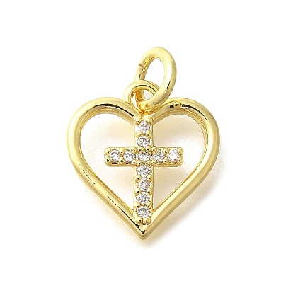 Латунные микропаве прозрачные подвески с фианитом, сердце с крестными прелестями, с целью перехода в кольце