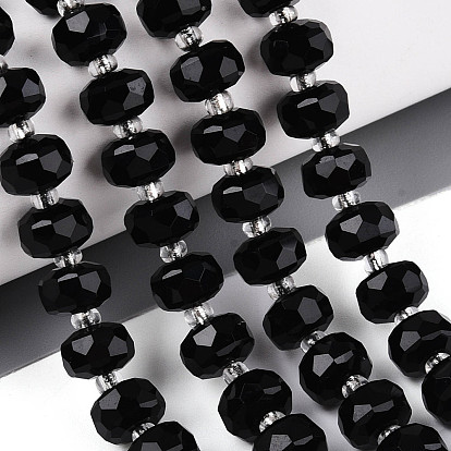 Натуральные бусины из черного оникса (окрашенные и нагретые), с бисером, граненые, рондель