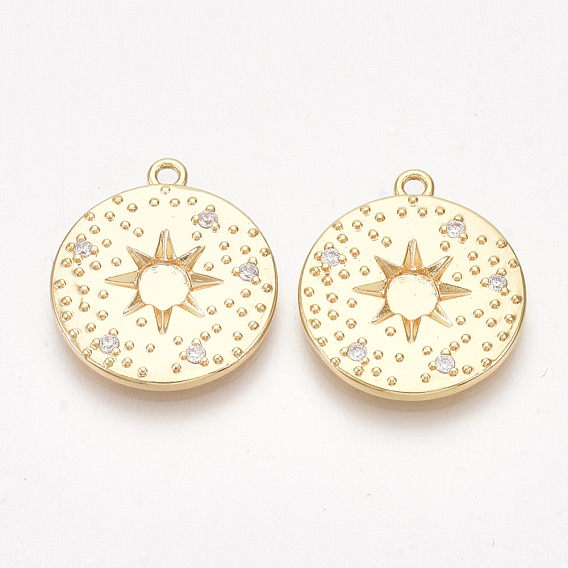 Brass Pendants, Nickel Free, Real 18K Gold Plated, with Cubic Zirconia, Flat Round with Star, Clear