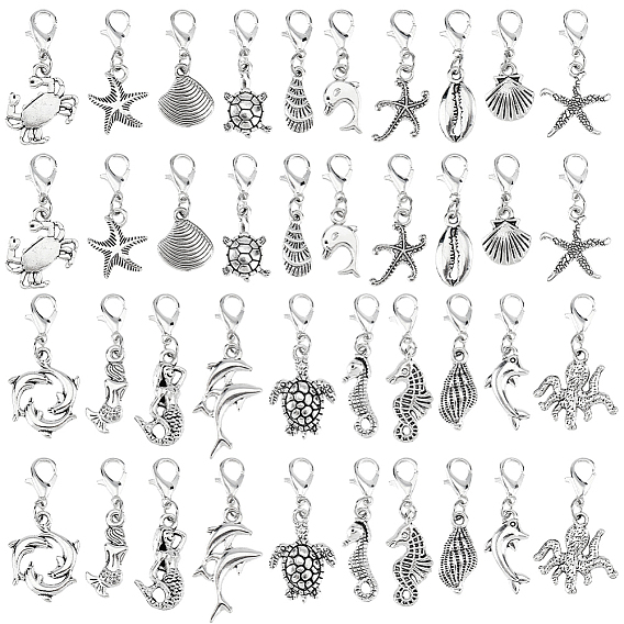 80Pcs 20 Styles Ocean Alloy Pendant Decorations, with Alloy Lobster Claw Clasps