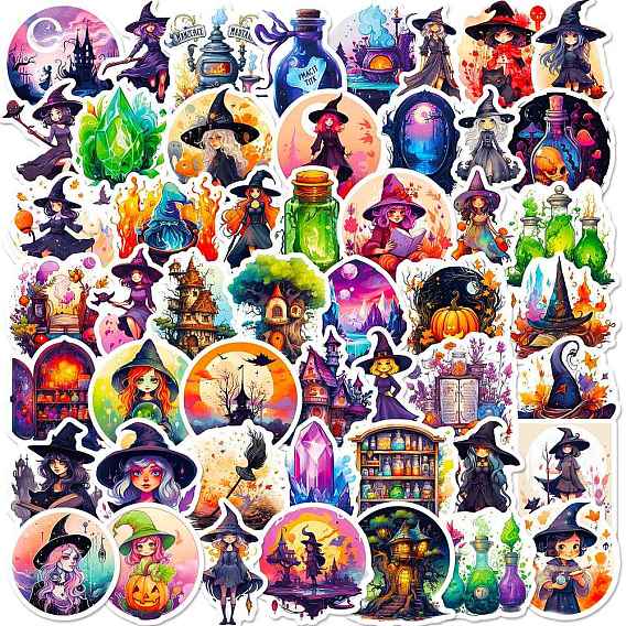 50Pcs Halloween PVC Self-Adhesive Cartoon Stickers, Waterproof Witch Decals for Party Gift Decoration, Kid's Art Craft