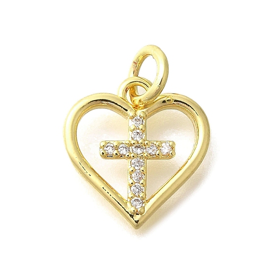 Латунные микропаве прозрачные подвески с фианитом, сердце с крестными прелестями, с целью перехода в кольце