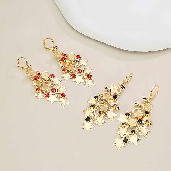 Серьги-кольца с кисточками в форме звезд из латуни, реальный 18 k позолоченный, со стразами