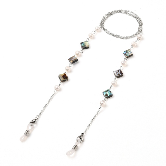 Eyeglasses Chains, Neck Strap for Eyeglasses, with 316 Surgical Stainless Steel Cable Chains, Paua Shell Beads, Freshwater Pearl Beads, 304 Stainless Steel Lobster Claw Clasps and Rubber Loop Ends, Rhombus