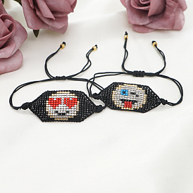 Friendship Smiling Face Loom Pattern Seed Beads Bracelets for Women, Adjustable Nylon Cord Braided Bead Bracelets