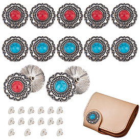 CHGCRAFT 16 Sets 2 Color 1-Hole Flat Round with Flower Pattern Alloy & Turquoise Buttons, with Iron Screw, for DIY Luggage and Hardware Accessaries