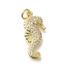 Brass Micro Pave Cubic Zirconia Pendants, with Shell, Seahorse Charms, with Jump Ring