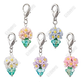 5pcs décorations suspendues en résine et perles de verre, avec alliage homard fermoirs pince, pot à fleurs