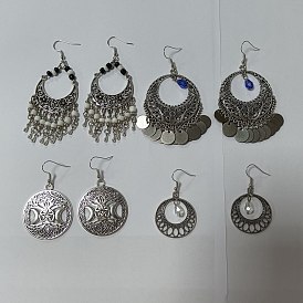 4Pair 4 Style Filigree Coin Dangle Earrings, Glass Seed Beaded Moon & Star Alloy Charm Drop Earrings for Women