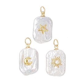 3 шт. 3 стили подвески из натурального барочного жемчуга кеши, Прямоугольные подвески с латунными элементами в виде луны, звезды и солнца., белые
