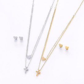 304 Stainless Steel Jewelry Sets, Stud Earrings and Pendant Tiered Necklaces, with Rhinestone, Cross and Heart