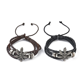 PU Leather & Waxed Cords Triple Layer Multi-strand Bracelets, Braided Adjustable Bracelet Alloy Leaf
