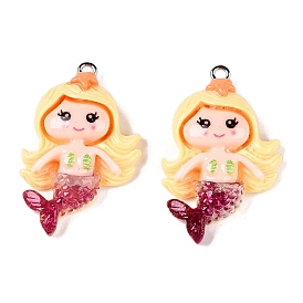 Opaque Resin Pendants, with Glitter Powder and Platinum Tone Iron Loops, Mermaid