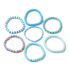 7 piezas 7 juego de pulseras elásticas de arcilla polimérica estilo surfista heishi, pulseras de semillas de vidrio, joyas de muy buen gusto para las mujeres