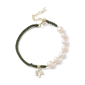 Natural Pearl Bead Bracelets, Tree Brass Crystal Rhinestone Charm Bracelets for Women