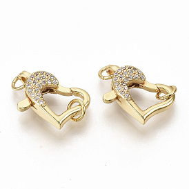 Brass Micro Pave Clear Cubic Zirconia Lobster Claw Clasps, with Jump Rings, Heart, Real 16K Gold Plated