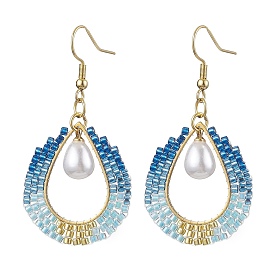 Boucles d'oreilles pendantes en plastique ABS en forme de larme et perles de rocaille en verre, 304 bijoux en acier inoxydable pour femmes, or