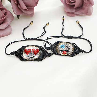 Friendship Smiling Face Loom Pattern Seed Beads Bracelets for Women, Adjustable Nylon Cord Braided Bead Bracelets
