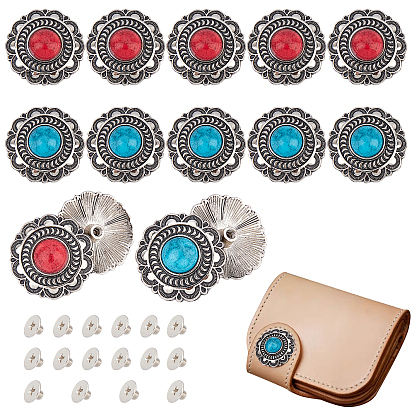 16 Sets 2 Color 1-Hole Flat Round with Flower Pattern Alloy & Turquoise Buttons, with Iron Screw, for DIY Luggage and Hardware Accessaries