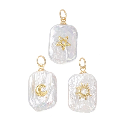 3 шт. 3 стили подвески из натурального барочного жемчуга кеши, Прямоугольные подвески с латунными элементами в виде луны, звезды и солнца., белые