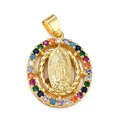 Brass Micro Pave Colorful Cubic Zirconia Pendants, Oval with Virgin Mary