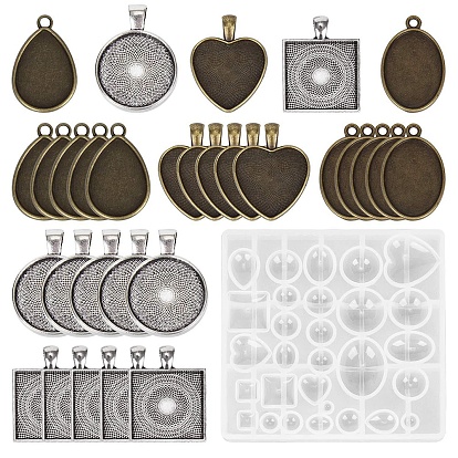 Food Grade Geometric DIY Silicone Cabochon Molds, with Metal Pendant Cabochon Settings, Decoration Making, Resin Casting Molds, For UV Resin, Epoxy Resin Jewelry Making