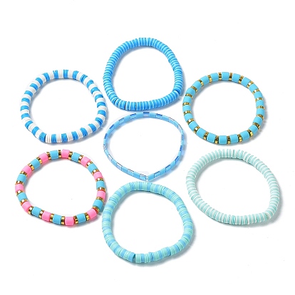 7 piezas 7 juego de pulseras elásticas de arcilla polimérica estilo surfista heishi, pulseras de semillas de vidrio, joyas de muy buen gusto para las mujeres