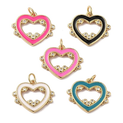 Rack Plating Brass Micro Pave Cubic Zirconia and Enamel Pendants, with Jump Rings, Long-Lasting Plated, Lead Free & Cadmium Free, Heart, Real 18K Gold Plated