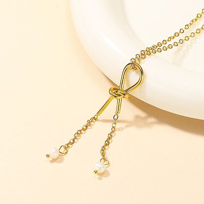 Узел 304 ожерелья из нержавеющей стали с пластиковой жемчужной кисточкой для женщин, белые