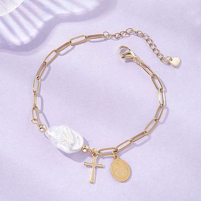 304/201 из нержавеющей стали шарм браслеты, 304 Браслеты из нержавеющей стали в виде скрепок для женщин, овал с девой марии и крестом, с натуральным барочным жемчугом кеши