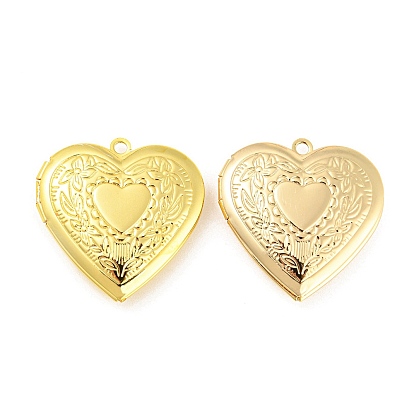 Rack Plating Brass Locket Pendants, Photo Frame Pendants for Necklaces, Cadmium Free & Lead Free, Heart with Flower Charm
