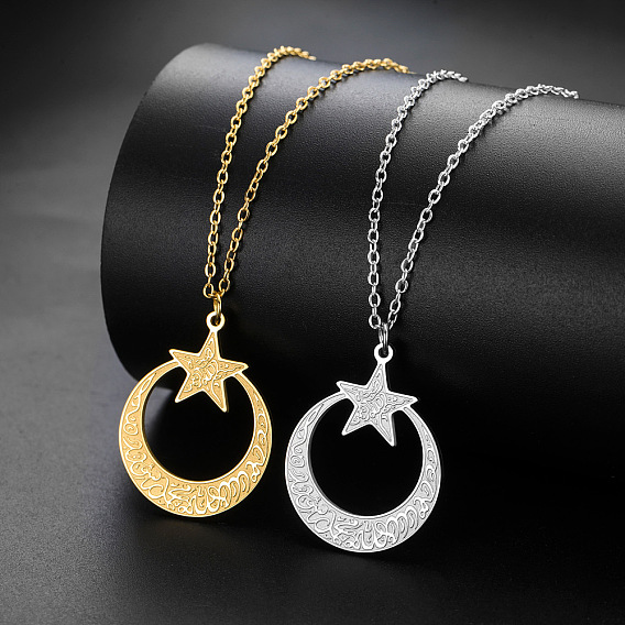 304 Stainless Steel Crystal Rhinestone Moon with Star Pendant Necklaces for Women