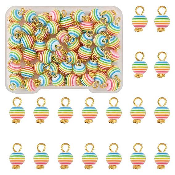 50шт. прозрачные полосатые подвески из смолы, с золотыми тонами железных петель, круглые