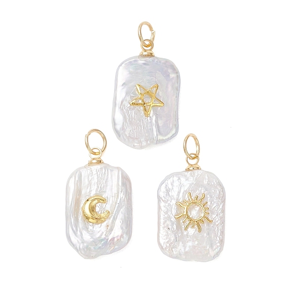 3 шт. 3 стили подвески из натурального барочного жемчуга кеши, Прямоугольные подвески с латунными элементами в виде луны, звезды и солнца., белые