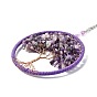 Wire Wrapped Chips Natural Amethyst Big Pendant Decorations, with Iron Chains and Imitation Leather Rope, Flat Round with Tree of Life