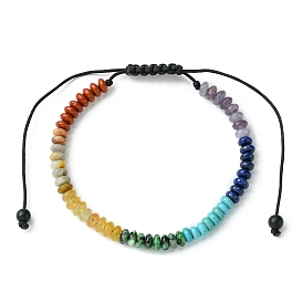 Natural & Synthetic Mixed Gemstone Flat Round Braided Bead Bracelet, Chakra Theme Adjustable Bracelet