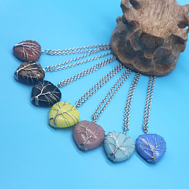 Synthetic Luminous Stone Dyed Tree of Life Pendants, Glow in the Dark, Copper Wire Wrapped Heart Charms