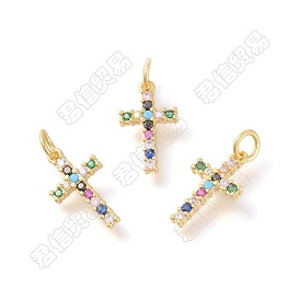 20Pcs Brass Micro Pave Colorful Cubic Zirconia Pendants, Cross
